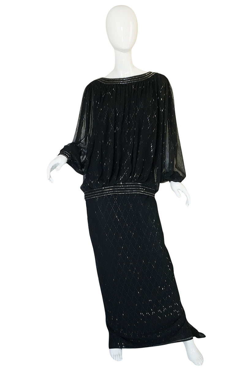 1980s Wayne Clark Backless Silver Glitter Trained Chiffon Dress