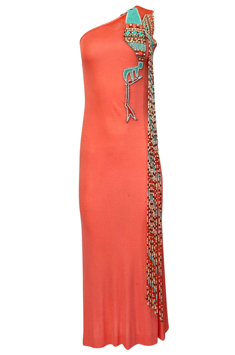 Early 1970s Bob Mackie Ray Aghayan One Shoulder Beaded Jersey Dress Shrimpton Couture Early 1970s Bob Mackie Ray Aghayan One Shoulder Beaded Jersey Dress Shrimpton Couture