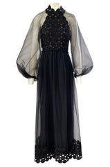 1960s Werle Black Organza & Embroidered Lace Transparent Back Dress