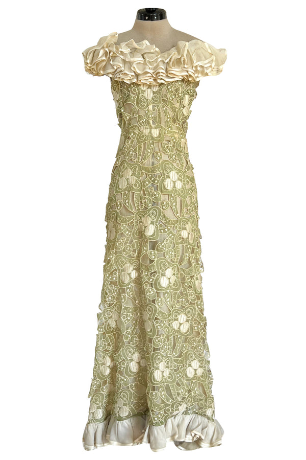 Early 1960s Carven Couture Pale Green Silk Organdy Embroidered Cut Out Dress