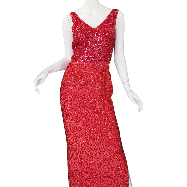 1950s Bombshell Red Sequin Bead Gown
