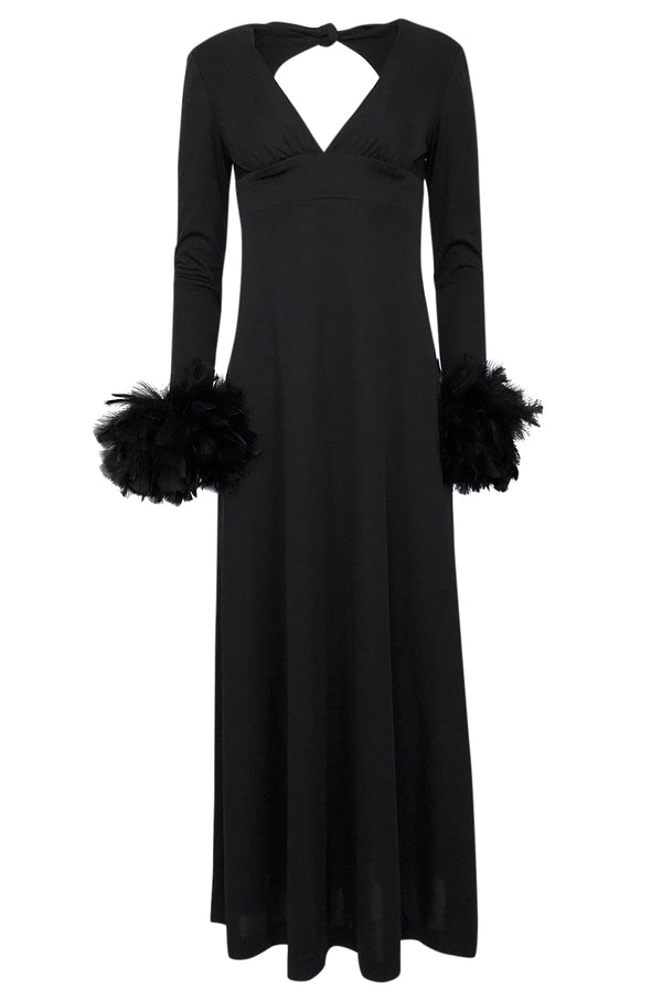 1970s Unlabeled Open Back Black Jersey Dress w Glossy Feather Cuffs