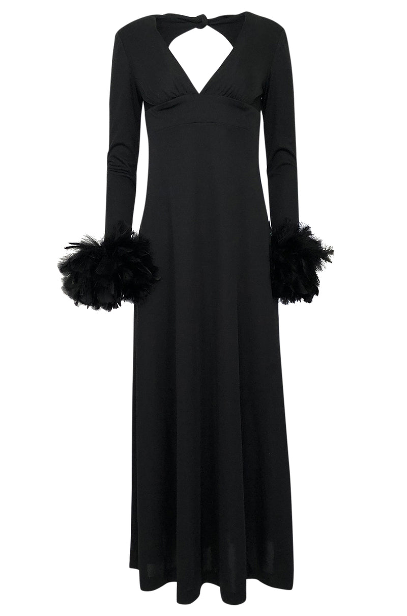1970s Unlabeled Open Back Black Jersey Dress w Glossy Feather Cuffs