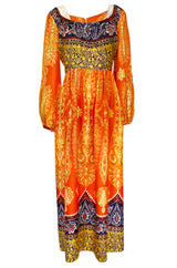 1960s Lucie Ann Silky Rayon Bright Orange Scarf Print Caftan Hostess Dress