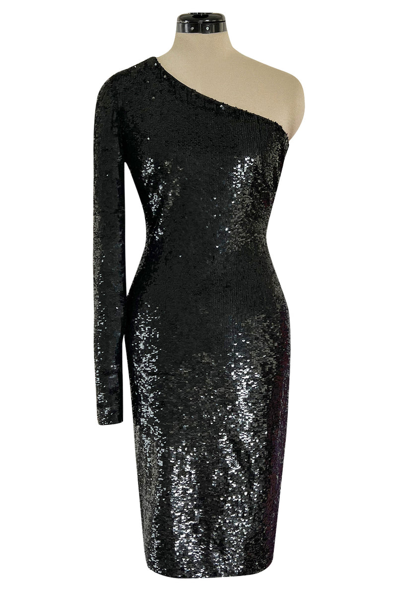 Early 2000s John Anthony Couture One Shoulder & Sleeve Densely Sequinned Glossy Black Dress