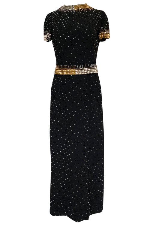 1971-73 Donald Brooks Brass and Silver Stud & Bead Black Crepe Dress