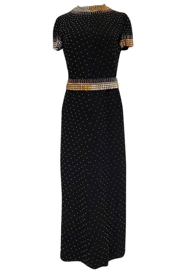 1971-73 Donald Brooks Brass and Silver Stud & Bead Black Crepe Dress