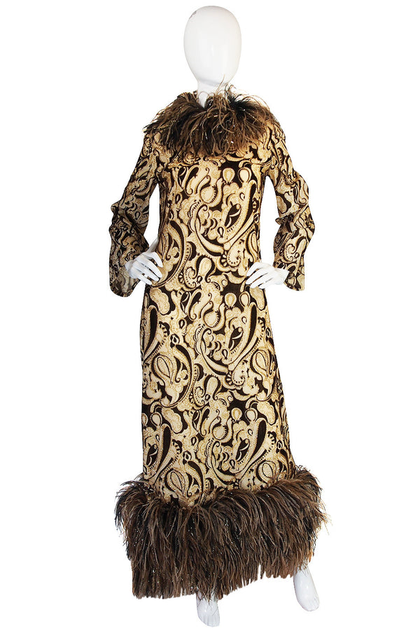 Fall 1973 Feather & Metallic Silk & Velvet Bill Blass Dress
