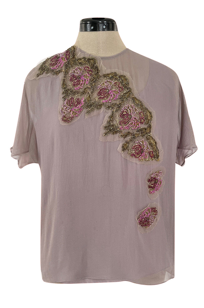 Wonderful Upcycled Vintage Silk Chiffon Top in Lavender w Hand Applied 1920s Detailing