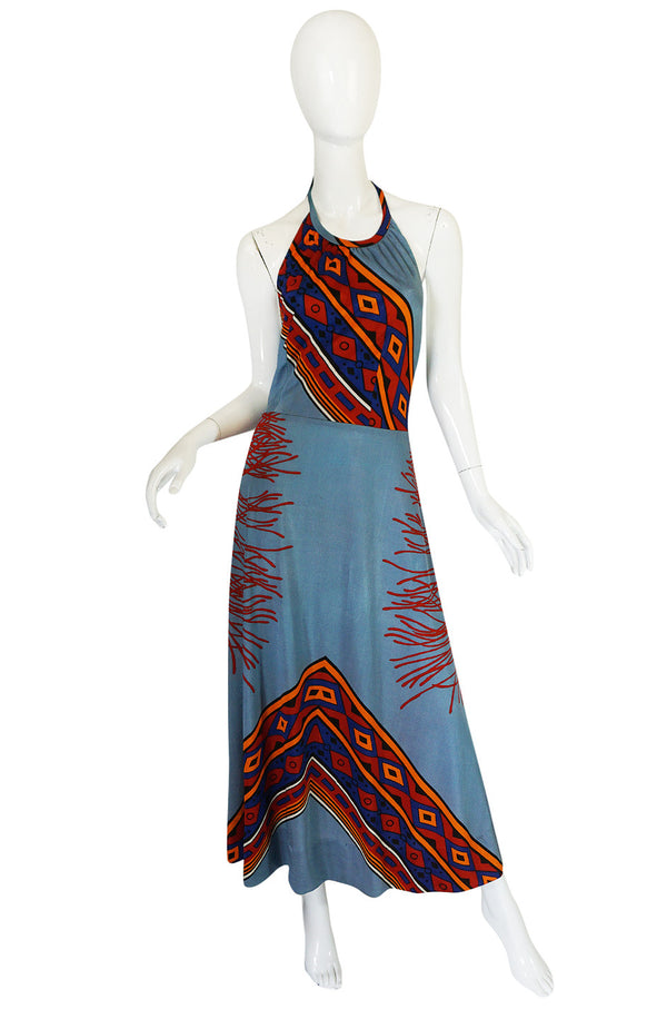 1970s Coral Printed Blue Jersey Halter Maxi Dress