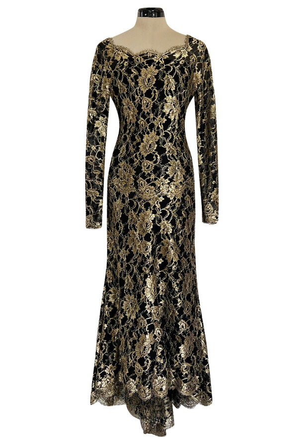 Exceptional Fall 1986 Chanel by Karl Lagerfeld Runway Metallic Gold Thread on Black Silk Net Dress
