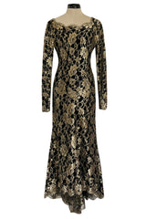 Exceptional Fall 1986 Chanel by Karl Lagerfeld Runway Metallic Gold Thread on Black Silk Net Dress