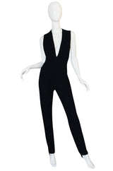 1980s Donna Karan Plunging Stretch Stirrup Pant Jumpsuit