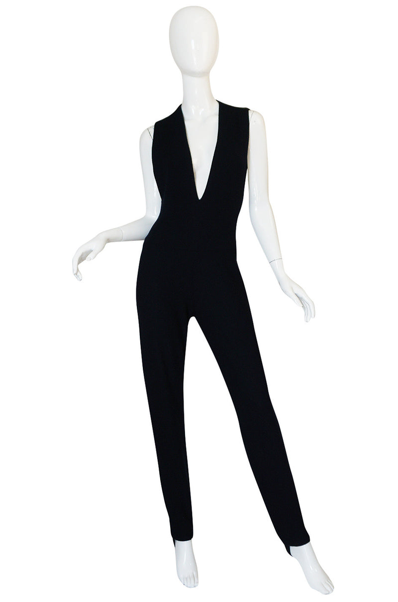 1980s Donna Karan Plunging Stretch Stirrup Pant Jumpsuit