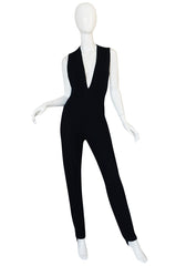 1980s Donna Karan Plunging Stretch Stirrup Pant Jumpsuit