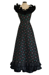 1970s Louis Mies Couture Level Black Silk Taffeta Dress w Embroidered Flowers & Ruffled Detailing