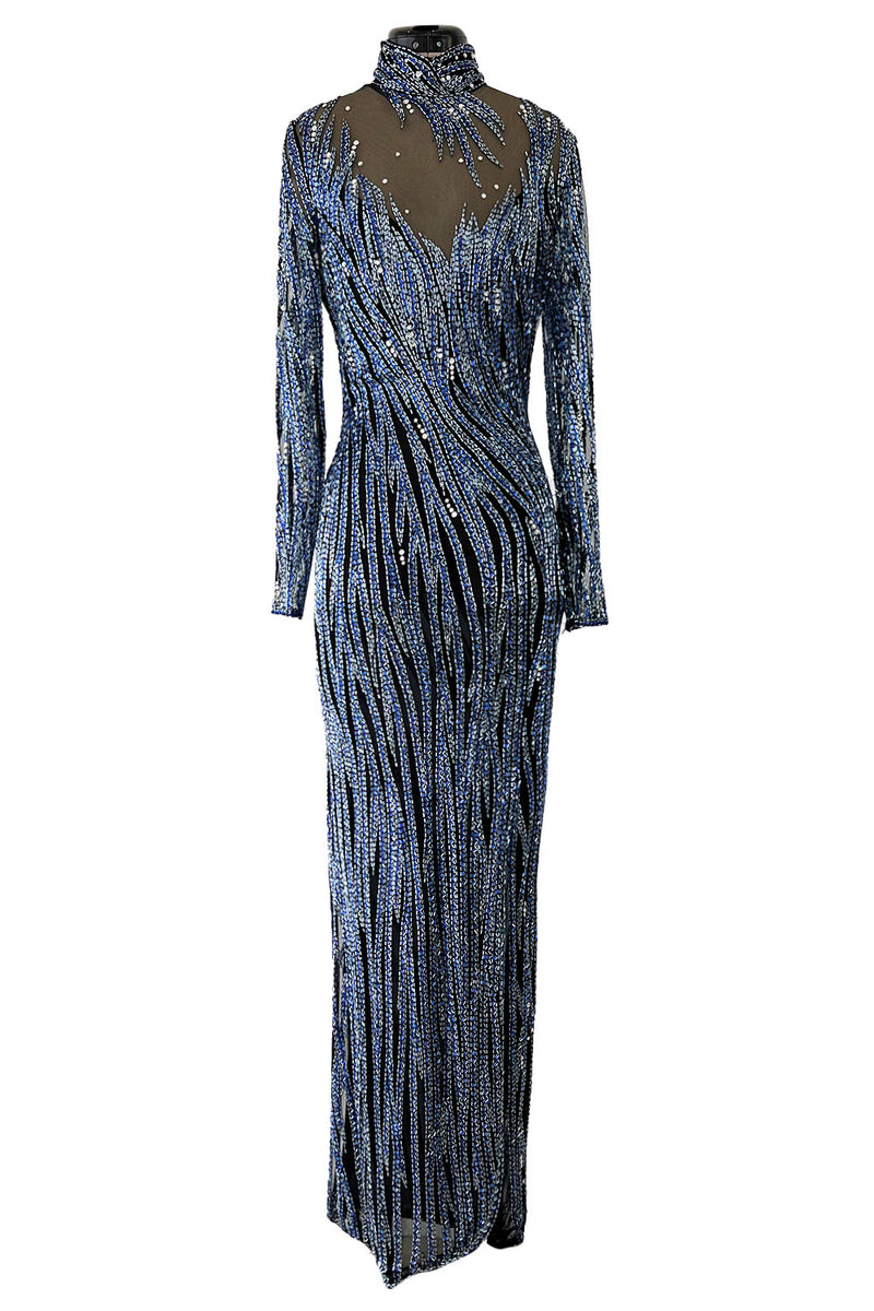 Incredible 1980s Bob Mackie Blue & Silver Beaded & Sequin Dress on Black Net