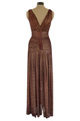 Late 1920s Unlabeled Gold Metallic Lame Thread Mixed w Deep Burgundy Silk Deep Plunge Dress