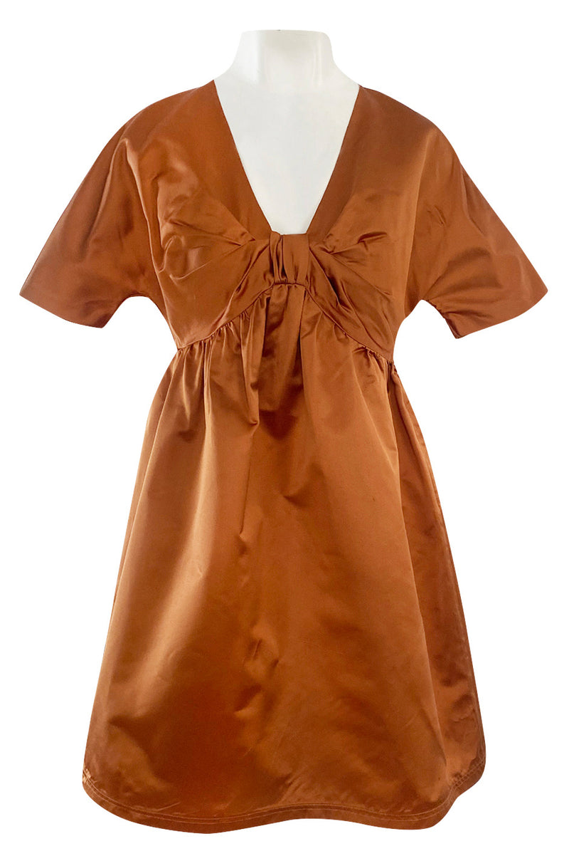 Spring 2007 Prada Burnished Gold Silk Satin Front Knot Plunging Empire Mini Dress