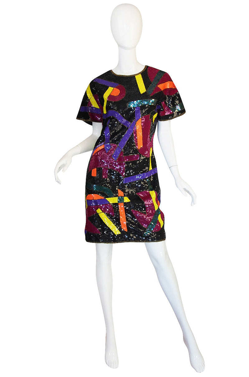 1980s Bright Sequin Encrusted Multi Color Dress