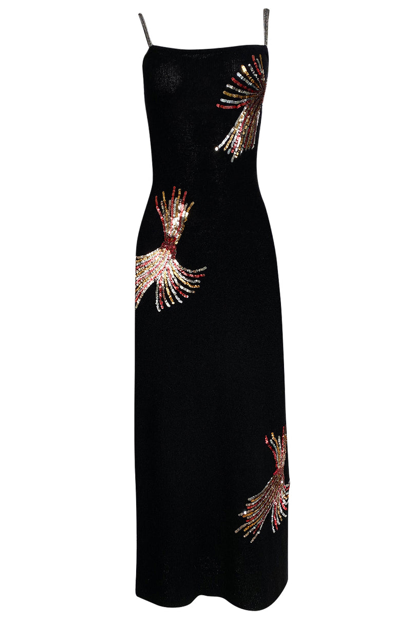 Stunning 1970s Adolfo Black Knit w Sequin & Rhinestone Detailing Dress