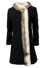 1960s Unlabeled Mod Cut Black Wool Jersey & Fur Trim Coat