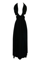 1970s Lanvin Plunge Front Backless Nylon Jersey Halter Dress