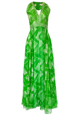 1960s Victoria Royale Green & White Print Silk Chiffon Beaded Dress