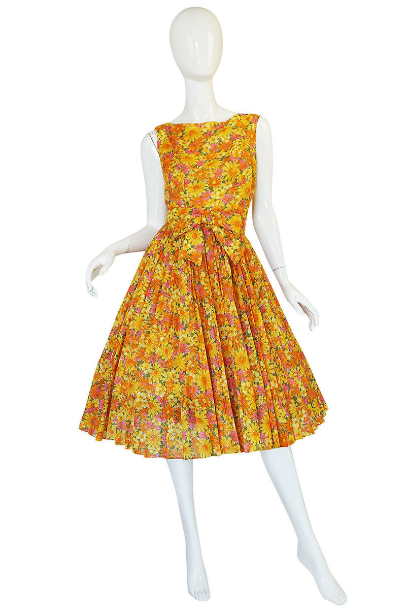 1950s Suzy Perette Citrus Floral Cotton Voile Pleated Skirt Dress