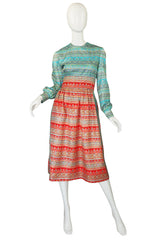 1970s Mollie Parnis Blue & Red Day Dress