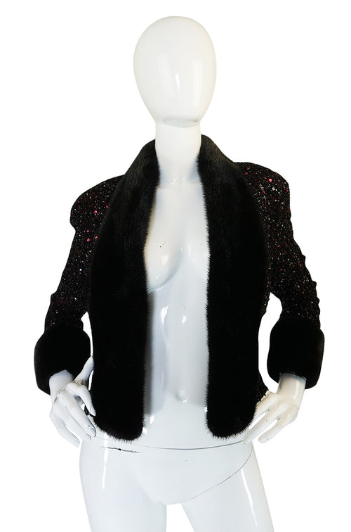 1980s Glossy Mink Trim Sequin John Anthony Silk Jacket