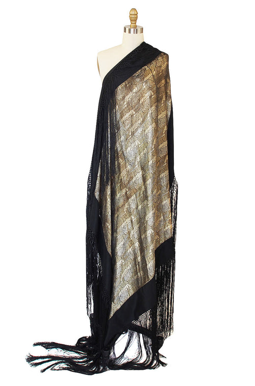 Rare 1920s Gold Lame & Silk Fringe Shawl