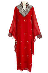 Striking 1970s Red Dotted Chiffon White Beaded Caftan Dress w Kimono Sleeves