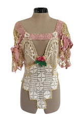 1960s Handmade Crocheted Crop Top w Open Front Pink Sleeves & Gold Metallic Accents