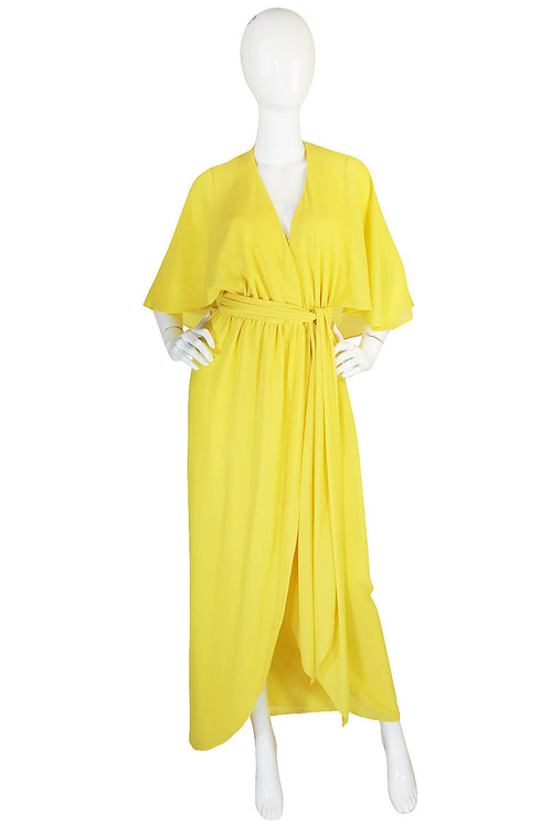 1970s Backless Yellow Wrap Halston Maxi Dress