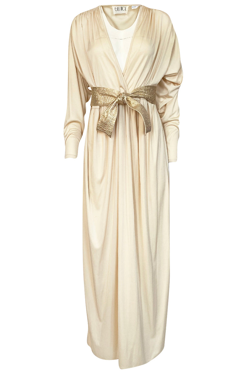 Documented 1980 Bill Tice Plunging Front Ivory Jersey & Gold Belt Dres Shrimpton Couture Documented 1980 Bill Tice Plunging Front Ivory Jersey & Gold Belt Dres Shrimpton Couture
