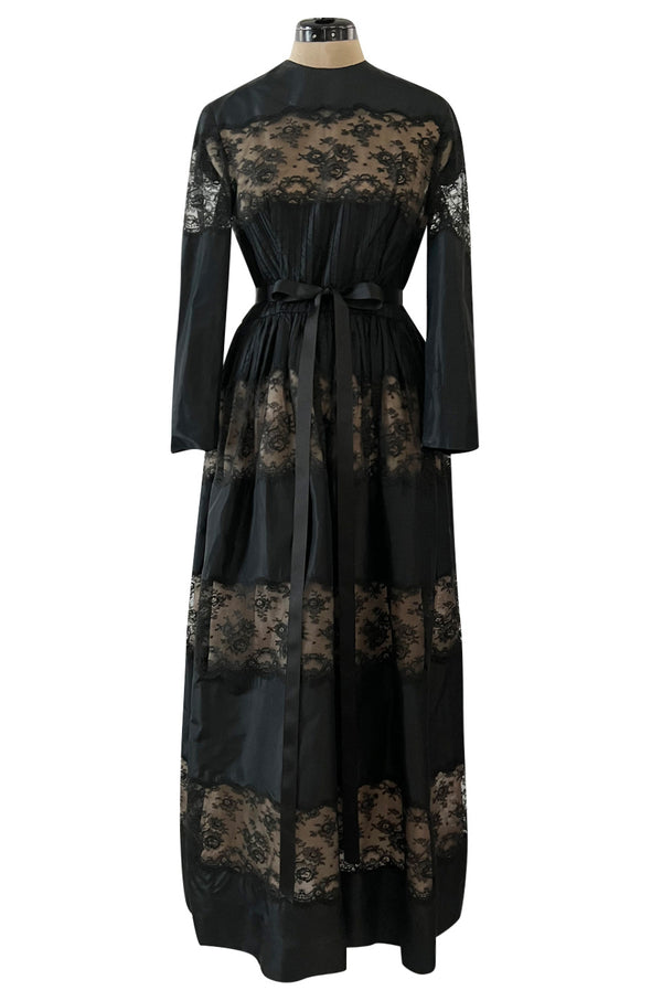 Gorgeous 1970s Larry Aldrich Black Silk Tafetta Dress w Illusion Nude Lace Panels