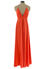 Fantastic 1970s Frank Usher Coral Jersey Dress w a Deep Front Plunge & No Back