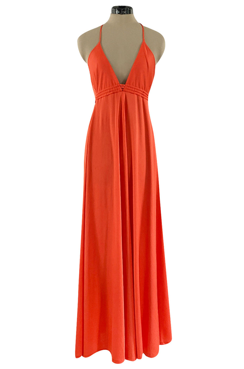 Fantastic 1970s Frank Usher Coral Jersey Dress w a Deep Front Plunge & No Back