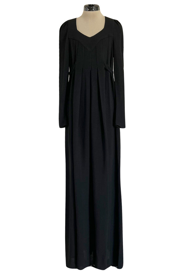 Incredible 1960s Ossie Clark Black Moss Crepe Dress w Capped Shoulders