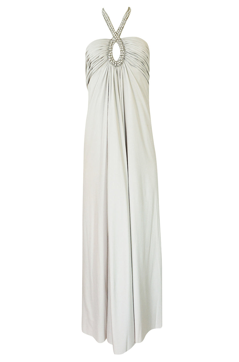 1970s Victoria Royal Pale Grey Jersey Dress w Jeweled Ring Collar