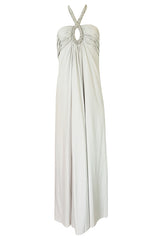 1970s Victoria Royal Pale Grey Jersey Dress w Jeweled Ring Collar