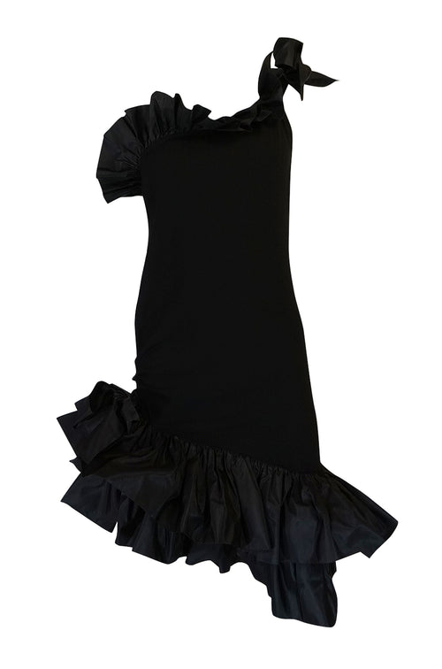 Fall 1982 Yves Saint Laurent Black Ruffled One Shoulder Dress