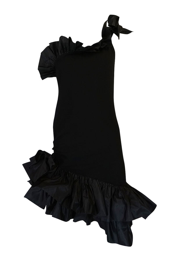 Fall 1982 Yves Saint Laurent Black Ruffled One Shoulder Dress