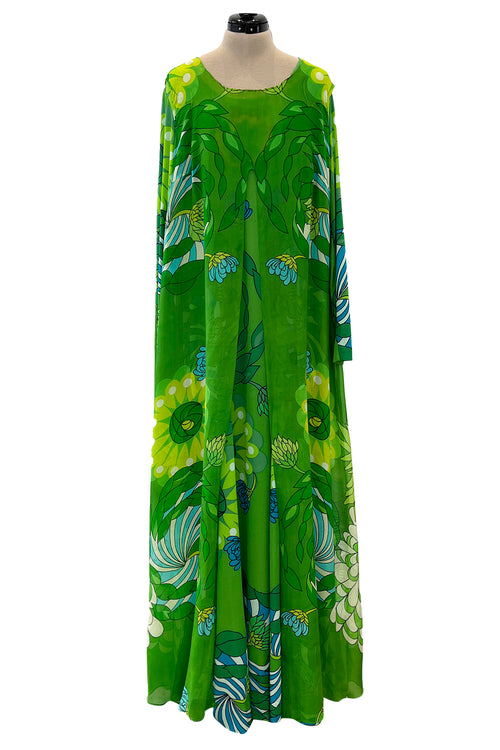 Phenomenal Early 1970s La Mendola Green Silk Jersey Caftan Dress w Silk Chiffon Overlay