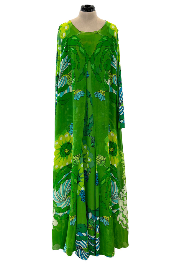 Phenomenal Early 1970s La Mendola Green Silk Jersey Caftan Dress w Silk Chiffon Overlay