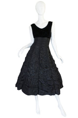 1950s Black Silk Taffeta & Velvet "Coffin Drape" Dress