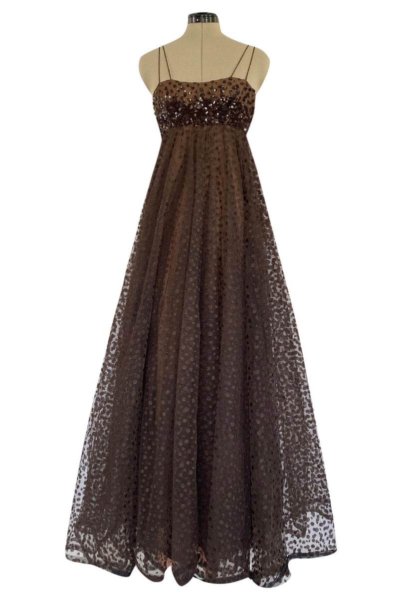 1960s Alfred Bosand Sequin Bodice Dotted Deep Brown Silk Net Dress W Matching Cape Overlay