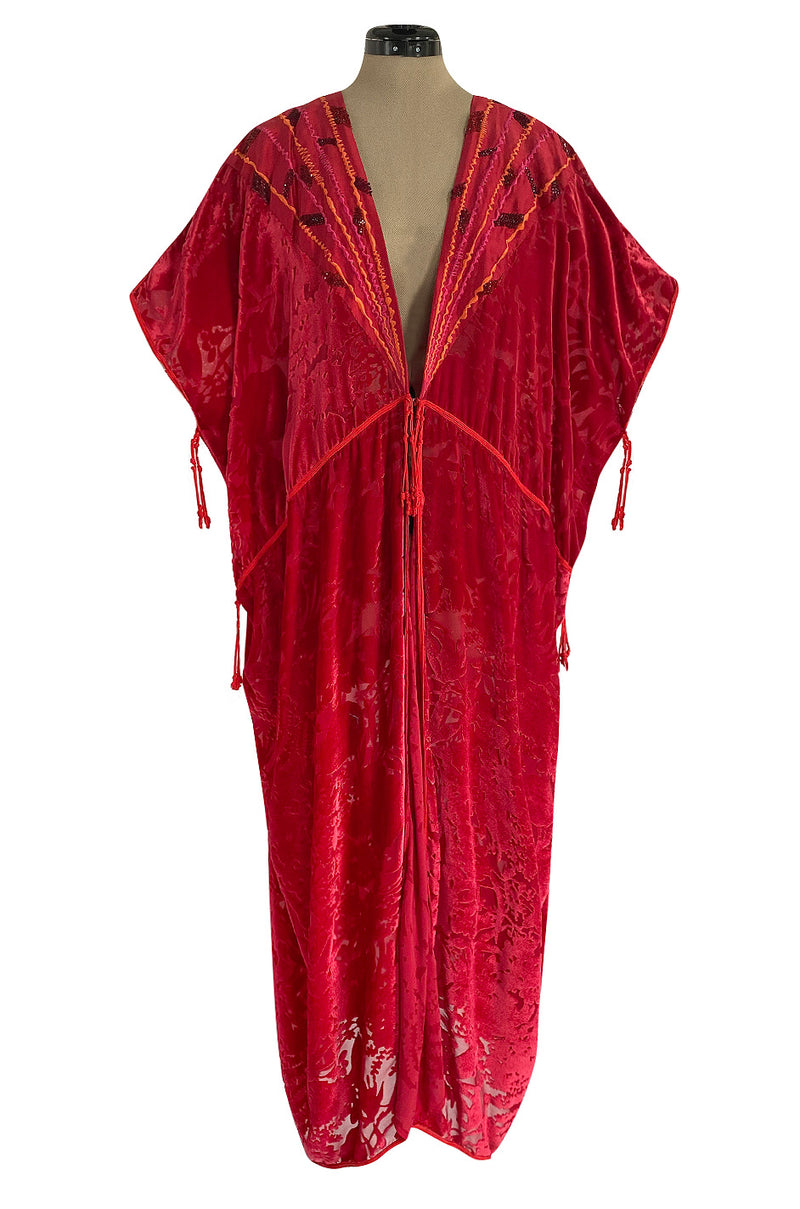 Rare 1977 Thea Porter Couture Documented Cherry Red Fused Velvet Open Front Abaya Caftan