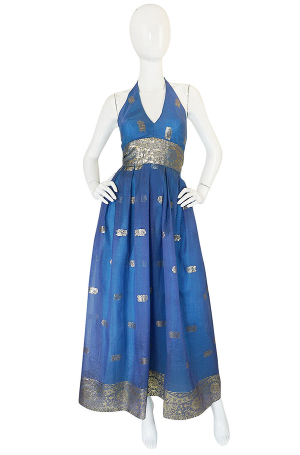 1960s Backless Blue & Gold Sari Inspired Silk Dress